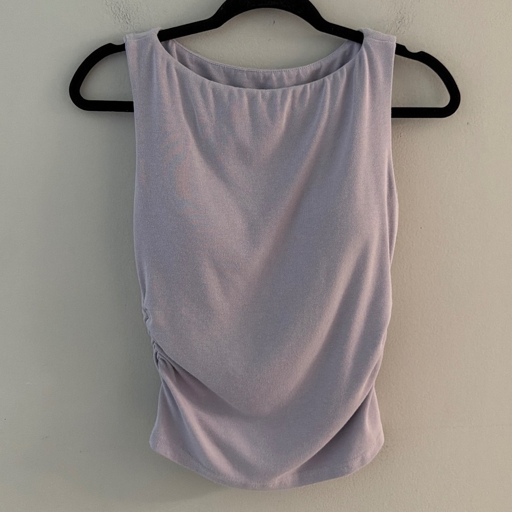 OGL Women Lavender Grey Ruched Sleeveless Boat Neck Top with Built-in Bra Small
